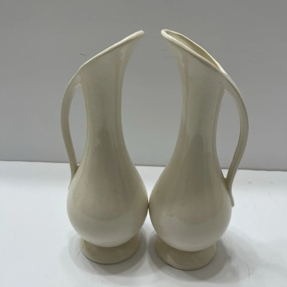 Vintage Off-White Floral Vases Set Of 2 Yellow Flowers Signed 1964 Ceramic